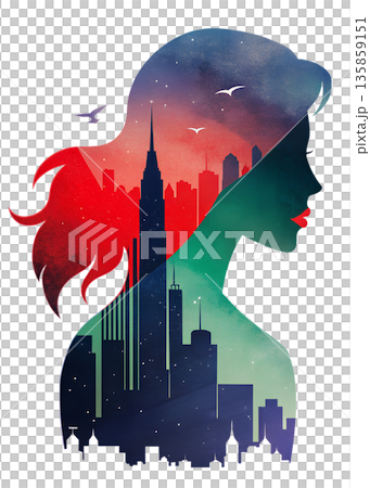 Double exposure artwork featuring a girl with a city skyline in her silhouette during twilight hours 135859151