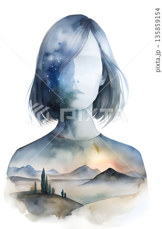 Double exposure art with a girl and a landscape of mountains and skies at dawn 135859154
