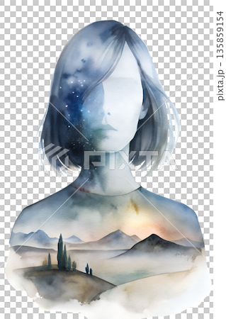 Double exposure art with a girl and a landscape of mountains and skies at dawn 135859154