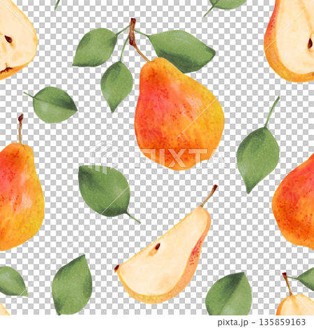 Watercolor seamless pattern with pears, slices, and leaves. Hand drawn isolated art. Vegetarian and organic food. Fruit background for packaging, textiles, fabric and seasonal projects Watercolor seamless pattern with pears, slices, and leaves. Hand drawn isolated art. Vegetarian and organic food. Fruit background for packaging, textiles, fabric and seasonal projects 135859163