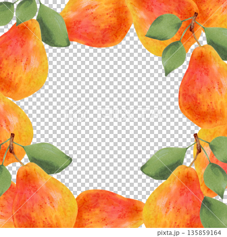 Square frame of yellow pears. Watercolor illustration. Fruit background with space for text. Hand-drawn isolated art. Vegetarian products, organic food. For juice packaging, menus, seasonal projects Square frame of yellow pears. Watercolor illustration. Fruit background with space for text. Hand-drawn isolated art. Vegetarian products, organic food. For juice packaging, menus, seasonal projects 135859164
