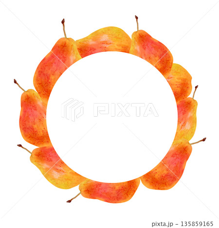 Round frame of yellow pears. Watercolor illustration. A wreath of juicy fruits with space for text. Hand drawn isolated art. Vegetarian products, organic food. For juice packaging and menu design Round frame of yellow pears. Watercolor illustration. A wreath of juicy fruits with space for text. Hand drawn isolated art. Vegetarian products, organic food. For juice packaging and menu design 135859165