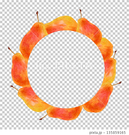 Round frame of yellow pears. Watercolor illustration. A wreath of juicy fruits with space for text. Hand drawn isolated art. Vegetarian products, organic food. For juice packaging and menu design Round frame of yellow pears. Watercolor illustration. A wreath of juicy fruits with space for text. Hand drawn isolated art. Vegetarian products, organic food. For juice packaging and menu design 135859165
