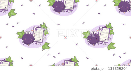 Cute Nurse Blackcurrant Girl Seamless Pattern. Berry Currant Kawaii Mascot Medical Character with Stethoscope, glasses, clipboard, pill on White Background. Vector Horizontal illustration Cute Nurse Blackcurrant Girl Seamless Pattern. Berry Currant Kawaii Mascot Medical Character with Stethoscope, glasses, clipboard, pill on White Background. Vector Horizontal illustration 135859204
