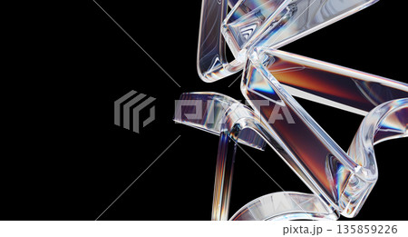 Abstract black 3d background with flying glass navigation arrows - transparent triangle shapes with rainbow light dispersion effect, color spectrum. Futuristic tech render banner. 3D illustration 135859226
