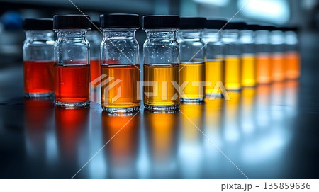 Gradient of Colored Liquids in Glass Vials with Black Caps on Re 135859636