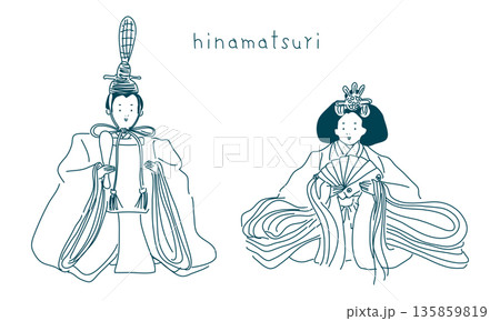 雛人形のラフなスケッチ（お内裏様とお雛様）透過性のラインアート 135859819