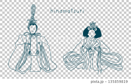 雛人形のラフなスケッチ（お内裏様とお雛様）透過性のラインアート 135859819