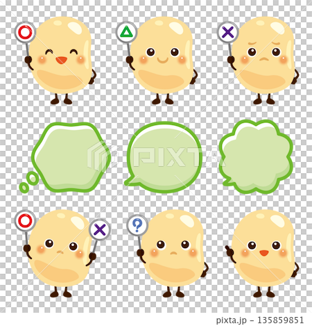 大豆人偶手持圓圈、圓形、三角形或三角形標籤 135859851