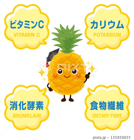 パイナップルのキャラクターとパイナップルに含まれる成分イラスト パイナップルのキャラクターとパイナップルに含まれる成分イラスト 135859855