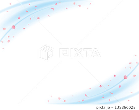 左上と右下の柔らかなウェーブと桜吹雪のフレーム背景イラスト（青） 135860028