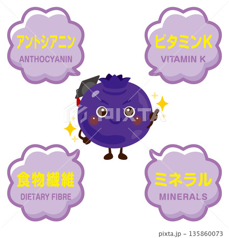 ブルーベリーのキャラクターとブルーベリーに含まれる成分イラスト ブルーベリーのキャラクターとブルーベリーに含まれる成分イラスト 135860073