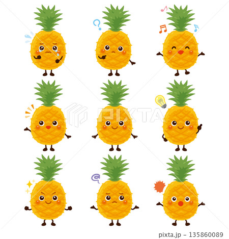 パイナップルのキャラクターイラスト 表情セット パイナップルのキャラクターイラスト 表情セット 135860089