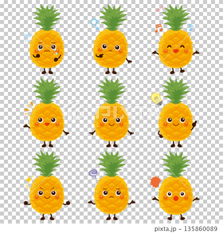 パイナップルのキャラクターイラスト 表情セット パイナップルのキャラクターイラスト 表情セット 135860089