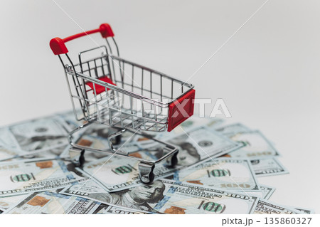 A miniature shopping cart rests atop a pile of US hundred-dollar bills against white background A miniature shopping cart rests atop a pile of US hundred-dollar bills against white background 135860327