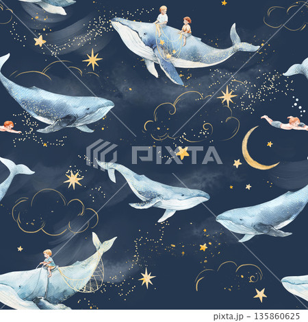 Whimsical Seamless Pattern with Flying Whales and Children, Night Sky, Stars and Moon Fantasy Illustration Whimsical Seamless Pattern with Flying Whales and Children, Night Sky, Stars and Moon Fantasy Illustration 135860625