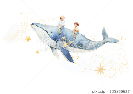 Whimsical watercolor illustration of a boy riding a flying whale in a dreamy night sky. Perfect kids poster for boys nursery, children room decor, wall art, prints, baby gifts, and storytelling 135860627