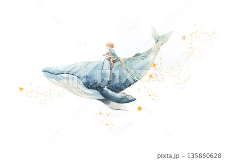Whimsical watercolor illustration of a boy riding a flying whale in a dreamy night sky. Perfect kids poster for boys nursery, children room decor, wall art, prints, baby gifts, and storytelling Whimsical watercolor illustration of a boy riding a flying whale in a dreamy night sky. Perfect kids poster for boys nursery, children room decor, wall art, prints, baby gifts, and storytelling 135860628