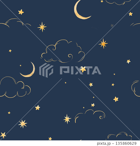 Whimsical night sky pattern with golden stars, moon and clouds on deep blue background. Magical dreamy illustration perfect for kids wallpaper, nursery decor, wrapping paper, textile prints, celestial 135860629