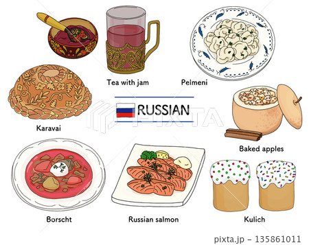 ロシア料理のフードイラストセット 白背景｜ボルシチ,ペリメニ,サーモン,菓子 135861011