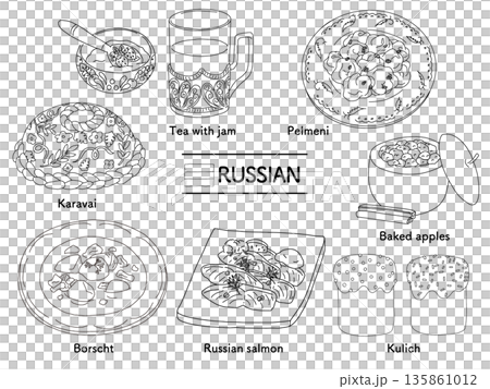 俄羅斯美食單色插畫套裝 | 羅宋湯、俄式餃子、鮭魚、甜點 俄羅斯美食單色插畫套裝 | 羅宋湯、俄式餃子、鮭魚、甜點 135861012