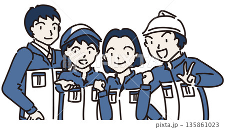 作業服を着た男女が並んだイラスト　青色の制服 135861023