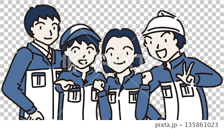 作業服を着た男女が並んだイラスト　青色の制服 135861023