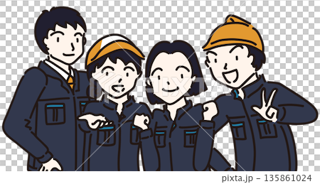 Illustration of men and women wearing work clothes lined up in navy blue uniforms Illustration of men and women wearing work clothes lined up in navy blue uniforms 135861024