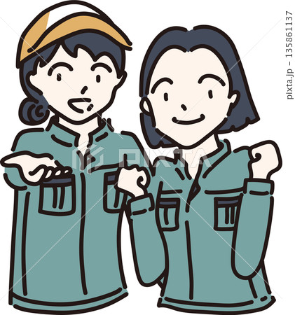 作業服を着たふたりの女性のイラスト　緑色の制服 135861137