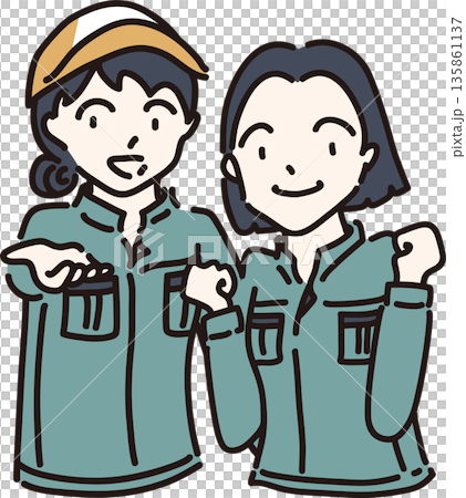 作業服を着たふたりの女性のイラスト　緑色の制服 135861137