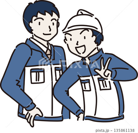 作業服を着たふたりの男性のイラスト 青色の制服 作業服を着たふたりの男性のイラスト 青色の制服 135861138