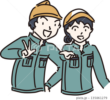 作業服を着た男女のイラスト　緑色の制服 135861279