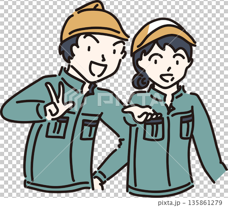 作業服を着た男女のイラスト　緑色の制服 135861279