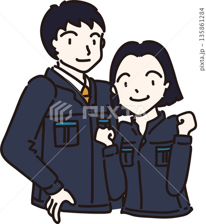 作業服を着た男女のイラスト　紺色の制服 135861284