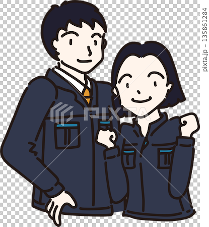 作業服を着た男女のイラスト　紺色の制服 135861284
