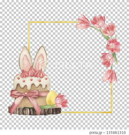 Easter frame with Easter cake on a wooden stand, pink tulip flowers and yellow egg. The illustration is hand-drawn in watercolor in a botanical style. For design of spring holiday, and postcards Easter frame with Easter cake on a wooden stand, pink tulip flowers and yellow egg. The illustration is hand-drawn in watercolor in a botanical style. For design of spring holiday, and postcards 135861310