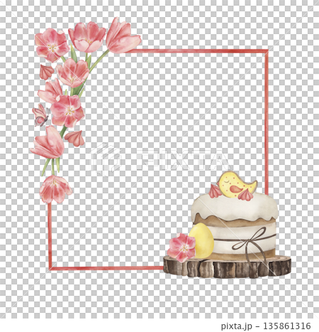 Watercolor Easter frame with festive cake decorated with yellow bird, pink meringue and brown bow on wood. Spring floral border with tulips, butterfly and golden egg. Holiday card white background Watercolor Easter frame with festive cake decorated with yellow bird, pink meringue and brown bow on wood. Spring floral border with tulips, butterfly and golden egg. Holiday card white background 135861316