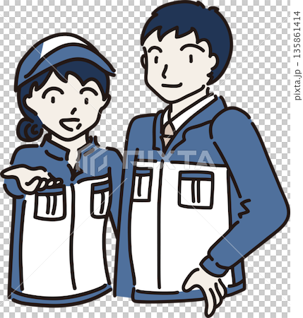 作業服を着た男女のイラスト 青色の制服 作業服を着た男女のイラスト 青色の制服 135861414