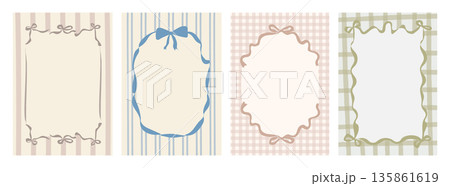 Vintage hand drawn ribbon frame background templates with bows on pastel striped and plaid patterns. Soft retro decorative borders for invitations, branding, spring design. Vector illustration. Vintage hand drawn ribbon frame background templates with bows on pastel striped and plaid patterns. Soft retro decorative borders for invitations, branding, spring design. Vector illustration. 135861619