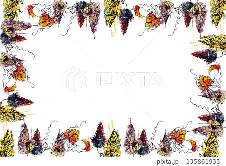 Border frame of ripe grapes hanging clusters with tendril shoot curls in watercolor wet bleed, ink line. Wine labels, tour brochures, wrapping accents, restaurant branding, gourmet product identity. Border frame of ripe grapes hanging clusters with tendril shoot curls in watercolor wet bleed, ink line. Wine labels, tour brochures, wrapping accents, restaurant branding, gourmet product identity. 135861933