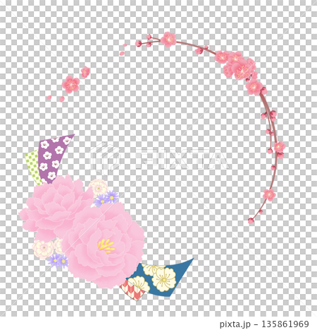 牡丹と梅の花の和柄フレーム 牡丹と梅の花の和柄フレーム 135861969