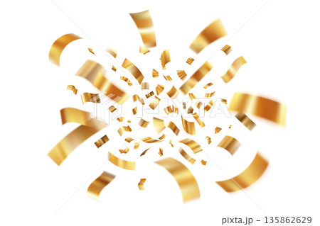 Golden confetti explosion with flying ribbons and serpentine streamers. Party decoration for birthday, anniversary, casino win celebration or holiday greeting card design. Festive flying elements Golden confetti explosion with flying ribbons and serpentine streamers. Party decoration for birthday, anniversary, casino win celebration or holiday greeting card design. Festive flying elements 135862629