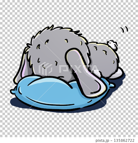 A cute grey rabbit sleeping on a blue pillow cartoon illustration A cute grey rabbit sleeping on a blue pillow cartoon illustration 135862722