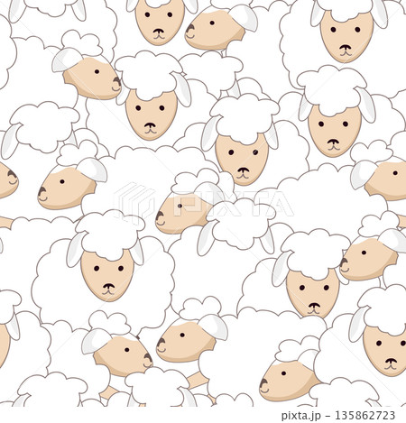 Cute nursery seamless pattern of graphic drawing funny sheep. Cartoon fluffy wool sheep background. Vector illustration Cute nursery seamless pattern of graphic drawing funny sheep. Cartoon fluffy wool sheep background. Vector illustration 135862723