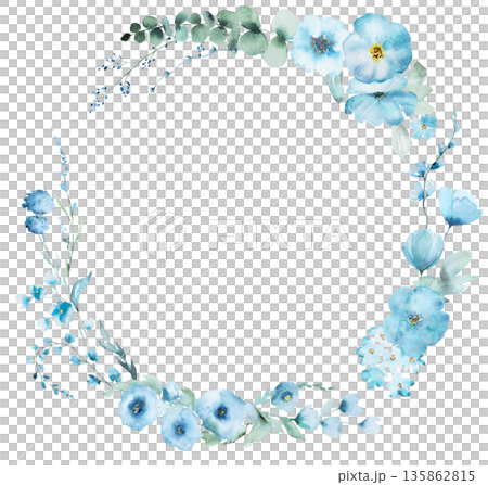 Frame with Watercolor light blue and turquoise flowers and leaves, pastel wedding isolated illustration 135862815