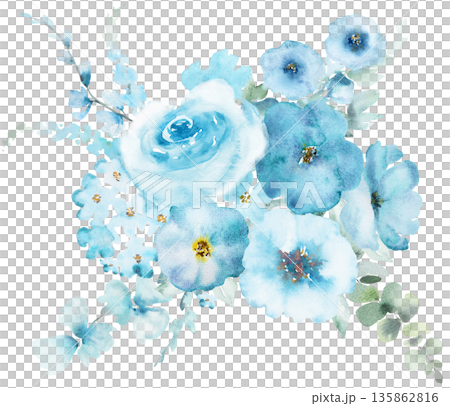 Bouquet with Watercolor light blue and turquoise flowers and leaves, pastel wedding isolated illustration Bouquet with Watercolor light blue and turquoise flowers and leaves, pastel wedding isolated illustration 135862816