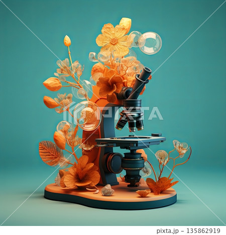 Microscope Surrounded by Floral Elements A Blend of Science and Nature, Isolated on Blue Microscope Surrounded by Floral Elements A Blend of Science and Nature, Isolated on Blue 135862919