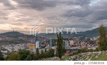 City panorama from Old Jewish cemetery day to night timelapse in Sarajevo City panorama from Old Jewish cemetery day to night timelapse in Sarajevo 135863016