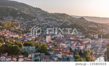Panoramic aerial cityscape of the historical downtown of Sarajevo timelapse Panoramic aerial cityscape of the historical downtown of Sarajevo timelapse 135863019