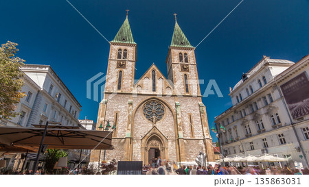 Catholic Cathedral known also as Sacred Heart Cathedral timelapse hyperlapse, in Sarajevo, Bosnia and Herzegovina. 135863031